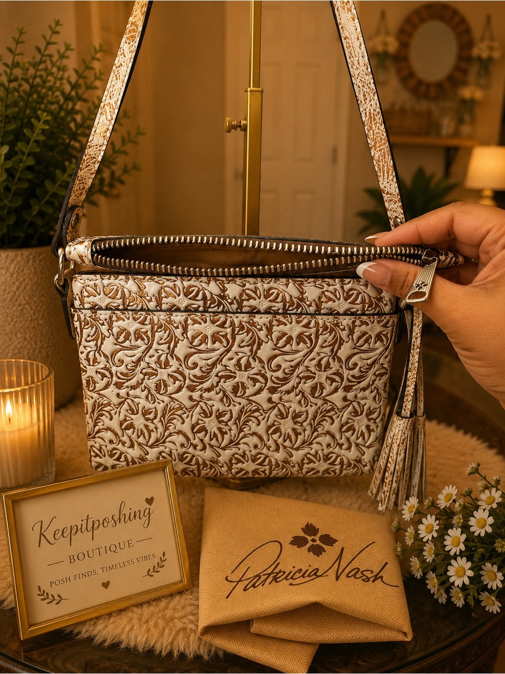 Patricia Nash Cream and Brown Floral Leather Crossbody with Tassel - Picture 2 of 7